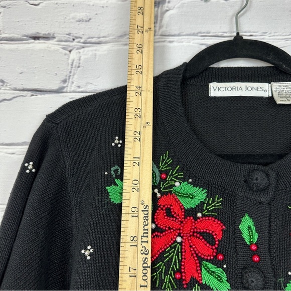 Vtg Christmas Embroidered Bow Cardigan Sweater Lrg Black Beaded Holiday Coquette - Picture 11 of 12